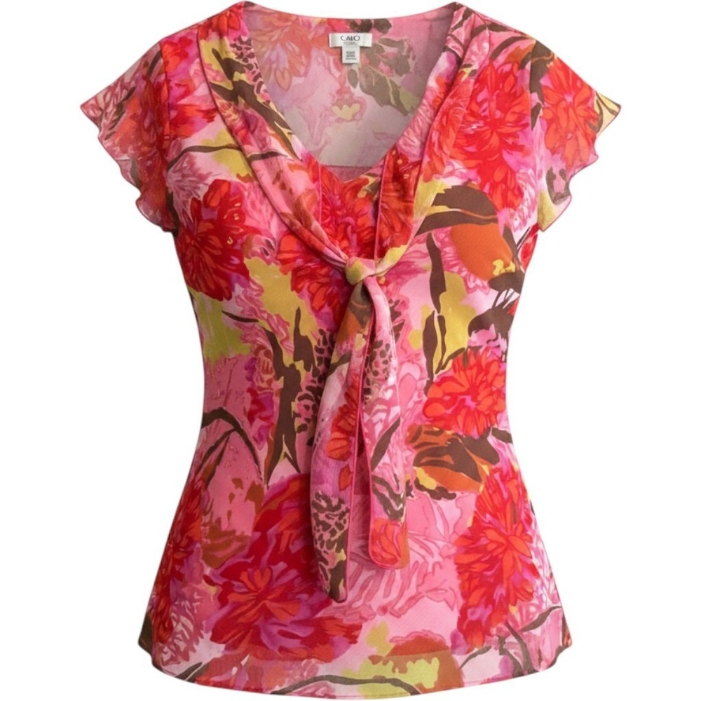 Y2K Cato Blouse Wms 18/20W Pink Floral Tie Neck Flutter Sleeve Layered Romantic